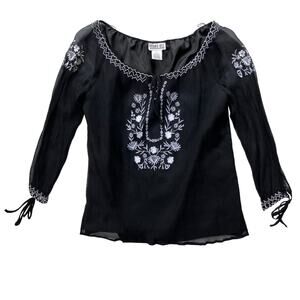 Robbie B Vintage Y2K Silk Boho Embroidered Blouse Size 8 Whimsygoth Black White